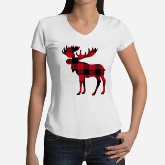 Daddy Moose Red Plaid Buffalo Matching Family Pajama Women V-Neck T-Shirt - Seseable