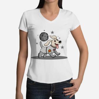Dog Astronaut Walking In Space Cartoon Pet Women V-Neck T-Shirt - Seseable