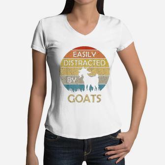 Easily Distracted By Goats Retro Vintage Funny Goat Lover Women V-Neck T-Shirt - Seseable
