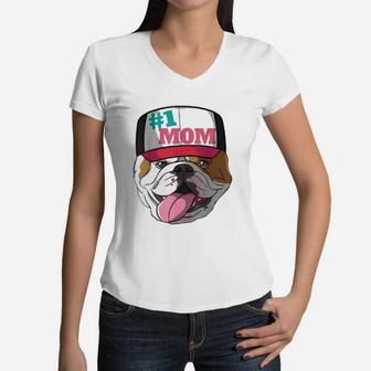 English Bulldog Mom Mothers Day Gift Women V-Neck T-Shirt - Seseable
