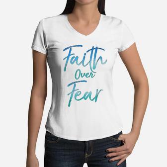 Faith Over Fear Vintage Inspirational Bold Christian Women V-Neck T-Shirt - Seseable