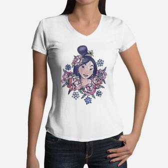 Floral Portrait Vintage Graphic Women V-Neck T-Shirt | Seseable UK