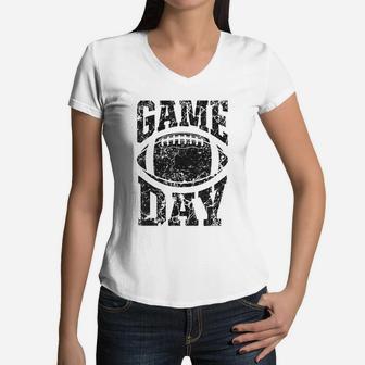 Football Game Day Funny Team Sports Gifts Men Women Vintage Women V-Neck T-Shirt - Seseable