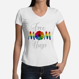 Free Mom Hugs Pride Rainbow Flower Women V-Neck T-Shirt - Seseable