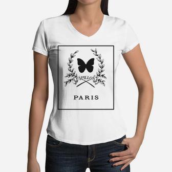 French Butterfly Vintage Paris Shop Sign Women V-Neck T-Shirt - Seseable