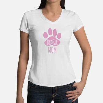 Funny Beagle Dog Mom For Puppy Owner Cute Paw Pink Women V-Neck T-Shirt - Seseable