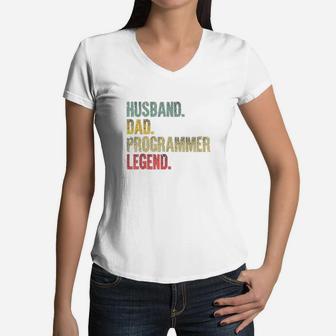 Funny Vintage Husband Dad Programmer Legend Retro Women V-Neck T-Shirt - Seseable