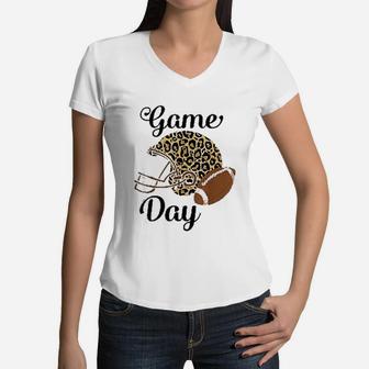 Game Day Football Helmet Leopard Print Sports Football Mom Gift Women V-Neck T-Shirt - Seseable