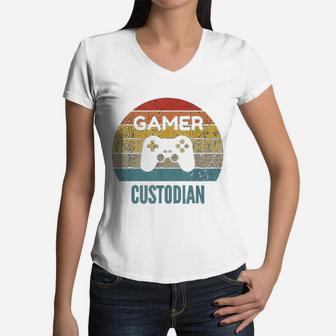 Gamer Custodian Vintage 60s 70s Gaming Gift Women V-Neck T-Shirt - Seseable