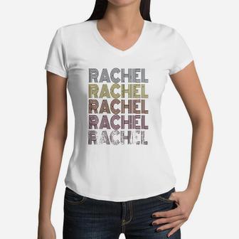 Graphic First Name Rachel Retro Pattern Vintage Style Women V-Neck T-Shirt - Seseable