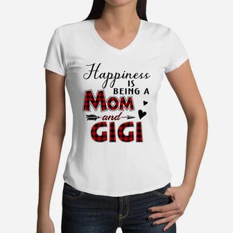 Happiness Is Being A Mom And Gigi Women V-Neck T-Shirt - Seseable