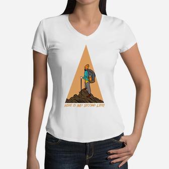 Hike Is My Second Life I Love Camping Adventure Women V-Neck T-Shirt - Seseable
