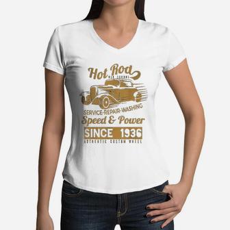 Hot Rod Vintage Old School Race Car Women V-Neck T-Shirt - Seseable