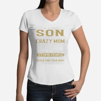 I Am A Lucky Son I Have A Crazy Mom Black Women V-Neck T-Shirt - Seseable