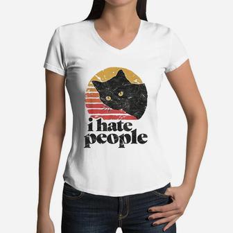 I Hate People Funny Vintage Style Cat Retro Women V-Neck T-Shirt - Seseable
