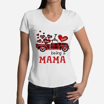 I Love Being A Mama Red Plaid Truck Heart Women V-Neck T-Shirt - Seseable