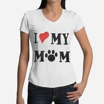 I Love My Mom Drooling Dog Women V-Neck T-Shirt - Seseable