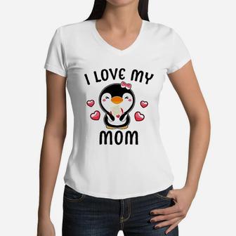 I Love My Mom With Cute Penguin And Hearts Women V-Neck T-Shirt - Seseable