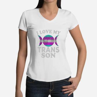 I Love My Transgender Son Proud Dad Mom Gay Pride Trans Moon Women V-Neck T-Shirt - Seseable