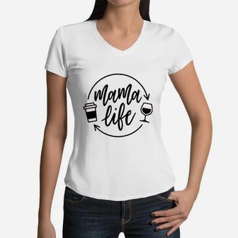 Instant Message Mama Life Coffee Wine Women V-Neck T-Shirt - Seseable
