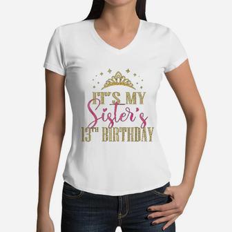 It Is My Sisters 13th Birthday Girls Party Family Matching Women V-Neck T-Shirt - Seseable