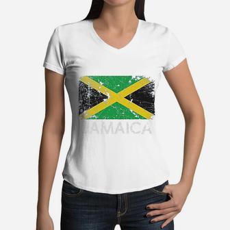 Jamaican Flag Vintage Made In Jamaica Gift Women V-Neck T-Shirt - Seseable