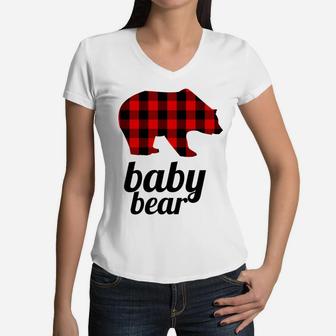 Kids Baby Bear Red Plaid Matching Mama Bear Women V-Neck T-Shirt - Seseable