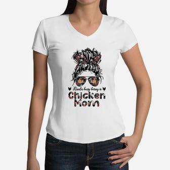 Kinda Busy Being A Chicken Mom Messy Bun Floral Women V-Neck T-Shirt - Seseable