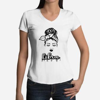 Libra Zodiac Sign Messy Bun Retro Vintage Birthday Women V-Neck T-Shirt - Seseable