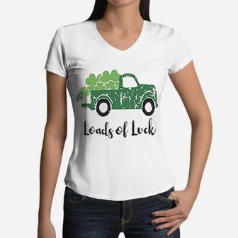 Loads Of Luck Vintage Truck St. Patrick's Day Women V-Neck T-Shirt - Seseable