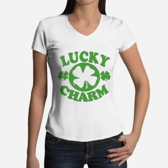 Lucky Charm Classic Vintage St Patricks Day Graphic Women V-Neck T-Shirt - Seseable