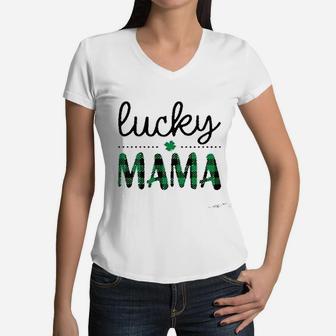 Lucky Mama Plaid St Patricks Day Women V-Neck T-Shirt - Seseable
