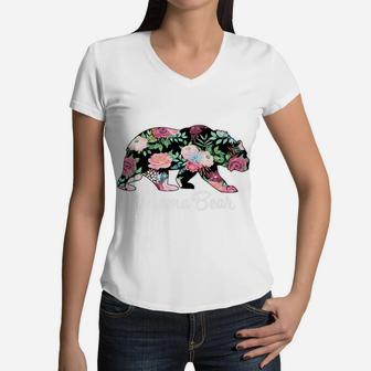 Mama Bear Cute Floral Grizzly Silhouette Trendy Mom Women V-Neck T-Shirt - Seseable
