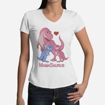 Mamasaurus Trex Mommy Twin Boy Girl Dinosaurs Women V-Neck T-Shirt - Seseable