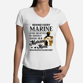 Marine Who Believes Himself Is A Marine Mom Veterans Gift Women V-Neck T-Shirt - Seseable