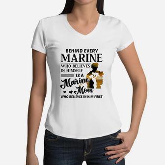 Marine Who Believes Himself Is A Marine Mom Women V-Neck T-Shirt - Seseable
