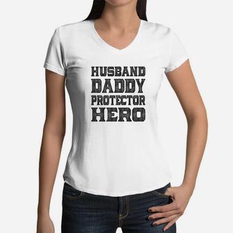 Mens Family Fathers Day Husband Daddy Protector Hero Father Dad Women V-Neck T-Shirt - Seseable