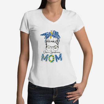 Messy Bun Leopard Blue Yellow Ribbon Syndrome Mom Women V-Neck T-Shirt - Seseable