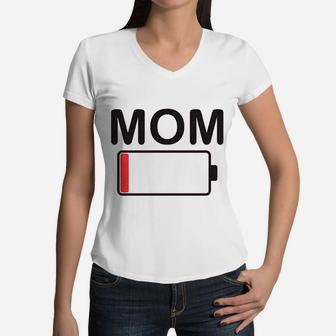 Mom Battery Low Funny Sarcastic Graphic Tired Parenting Mother Women V-Neck T-Shirt - Seseable