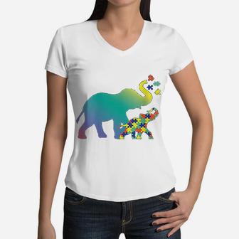 Mom Gift Elephant Puzzle Design Women V-Neck T-Shirt - Seseable