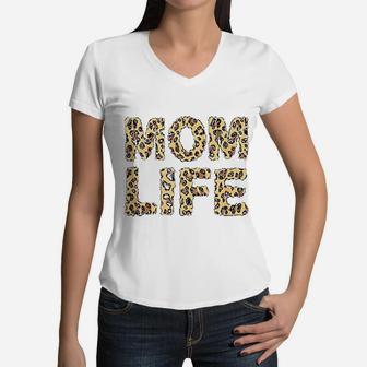 Mom Life Leopard Print Mom Pride Quote Women V-Neck T-Shirt - Seseable