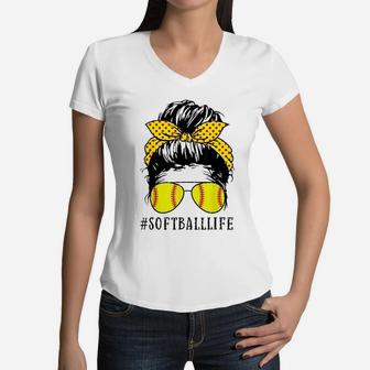 Mom Life Softball Baseball Mothers Day Messy Bun Women V-Neck T-Shirt - Seseable