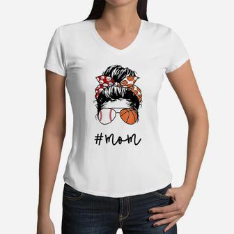 Mom Messy Bun Aviator Glasses Women V-Neck T-Shirt - Seseable