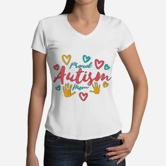 Mom Proud Autistic Pride Awareness Day Month Asperger Women V-Neck T-Shirt - Seseable