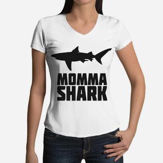 Momma Shark Matching Family Tribe Mom Mama Women V-Neck T-Shirt - Seseable