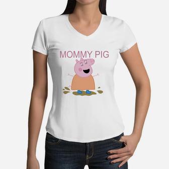 Mommy Pig T-shirt Women V-Neck T-Shirt - Seseable
