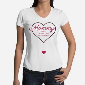 Mommy To Be With Two Heartbeats Women V-Neck T-Shirt - Seseable