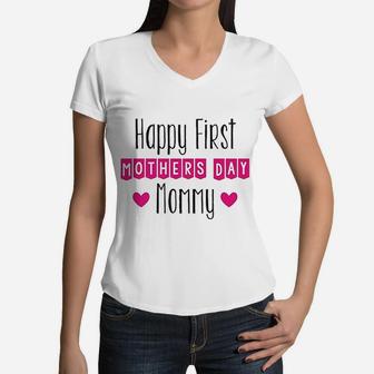 Mothers Day Baby Clothes Happy First Mothers Day Mommy Women V-Neck T-Shirt - Seseable