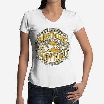 Mountains Are My Happy Place Cool Vintage Hiking Camping Women V-Neck T-Shirt - Seseable