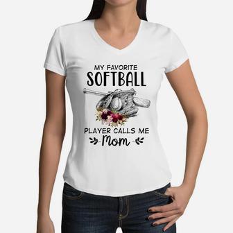 My Favorite Softball Player Calls Me Mom Women V-Neck T-Shirt - Seseable